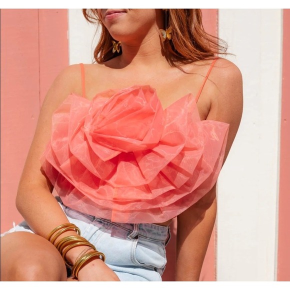 Buddy Love Petal Flower Applique Tank Top, tangerine salmon pink orange, size S - Picture 5 of 6